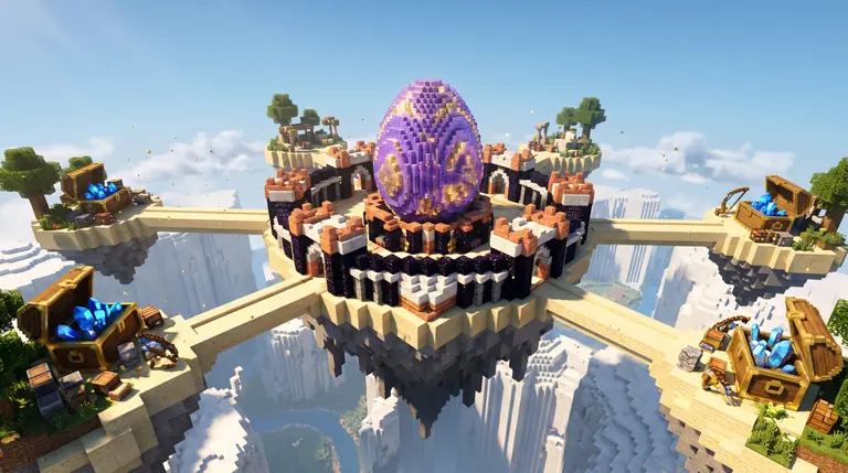 Voxel sky islands arranged around a central bastion protecting a faceted violet and gold crystal egg, with sandstone block bridges leading to open brass treasure chests.