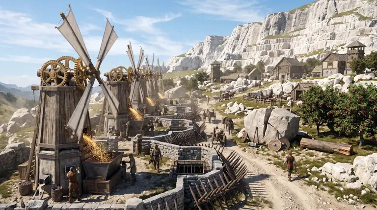 Spinning timber and canvas windmills with brass gears protected by octagonal stone walls, wooden spike barricades, and pit traps in a sunlit highland quarry pasture.