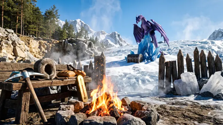 A blazing stone hearth fire and crafting bench with a diamond pickaxe and loaves at the edge of a sunlit glacier where an amethyst-scaled dragon guards a treasure chest.