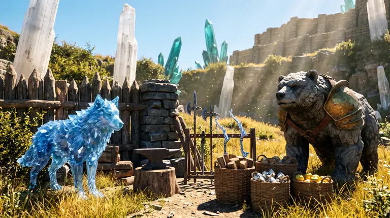 A tamed sapphire-furred frost wolf and a brass-armoured quarry bear guarding a timber and stone stockade stocked with forged weapons, ore, and golden apples.