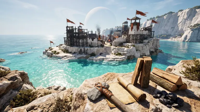 A handcrafted stone hatchet and building blueprint on a coastal boulder overlooking a turquoise lagoon and a multi-storey timber and white stone clan fortress.