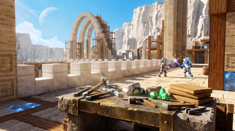 A sunlit voxel courtyard with a stone and brass crafting workbench holding crystal pickaxes and ingots, with crystalline armour and swords clashing on the causeway beyond.