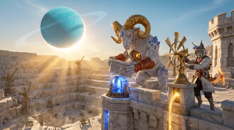 Quarrox locking a keystone into a cobalt prism turret while Muna Korr adjusts a spinning brass windmill atop a fortified travertine bastion under golden eclipse light.