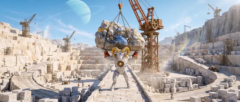 Quarrox the Astral Cleaver steadying a massive gold-veined moonstone block suspended from a vermilion and brass clockwork crane across the panoramic white marble terraces.